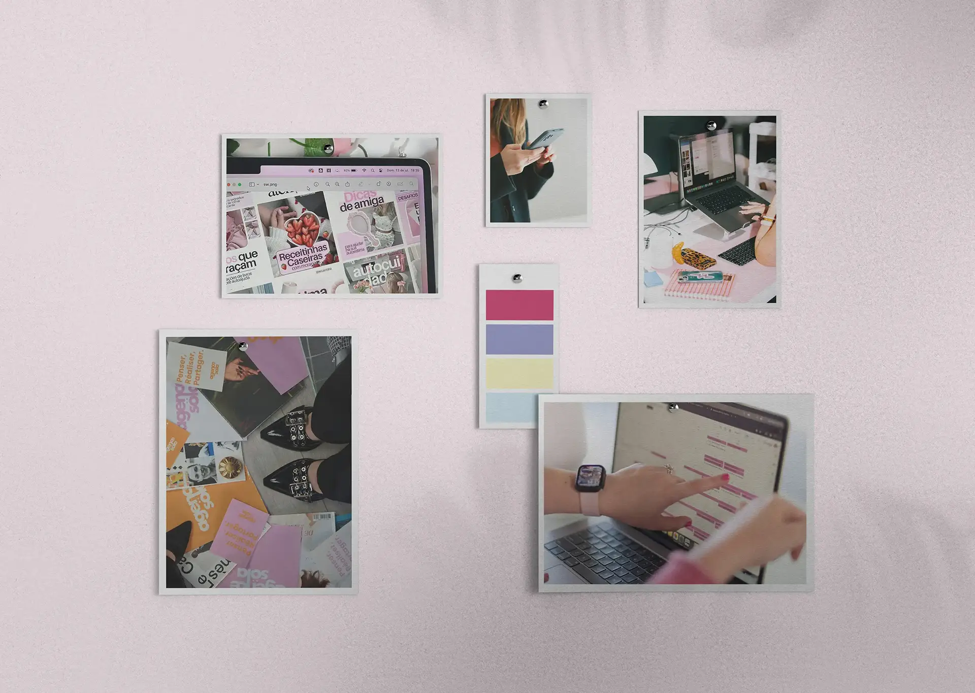 Moodboard Pop’s Agency présentant l’univers visuel de la communication digitale, avec photos, palette de couleurs et inspirations graphiques.